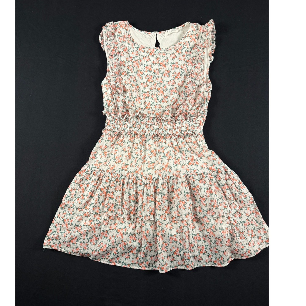 Storia Floral Smocked Tiered Ruffle Mini Dress White Coral Boho Summer Wedding M